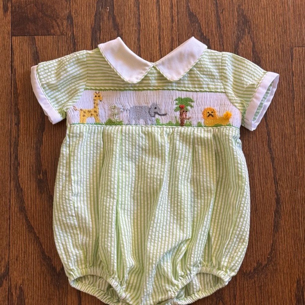 Green Striped Seersucker Smocked Baby Bubble with Animal Embroidery